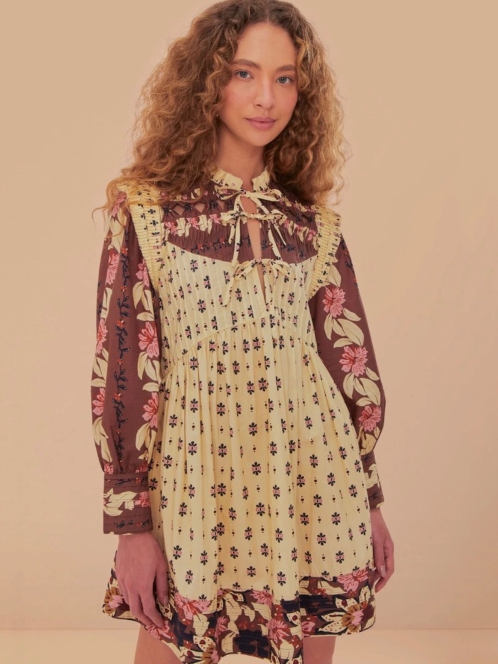 FARM RIO Ainika Maxi Floral Cream Open Yoke Mini Dress